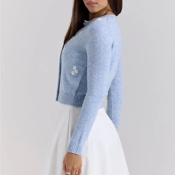 House of CB - ATHEIA Blue Lambswool Floral Embroidered Cardigan - Picture 1 of 10